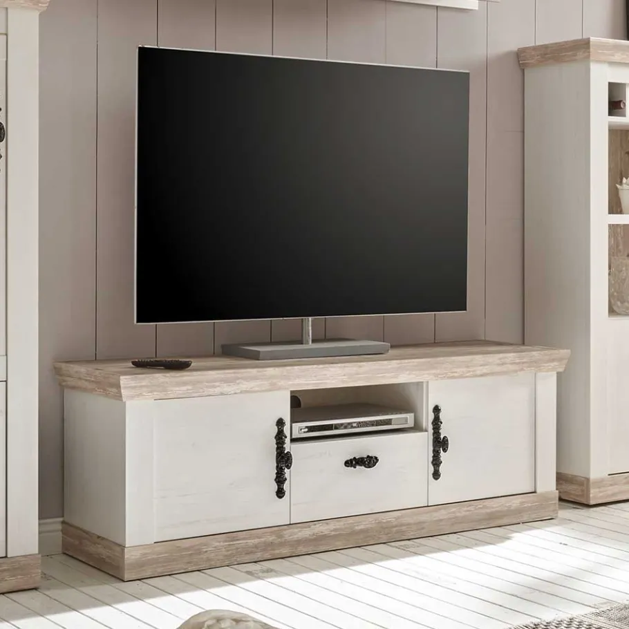 Clearance Wohnen Landhaus TV Board in Weiß & Pinie Shabby Nedita 156 cm breit