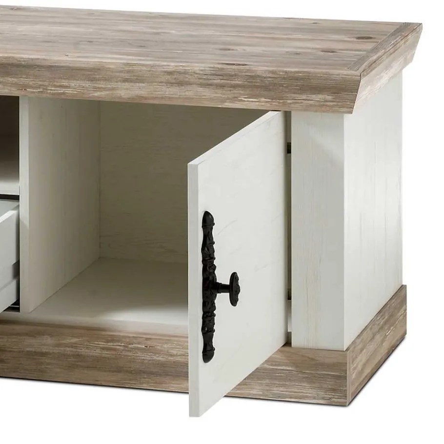 Clearance Wohnen Landhaus TV Board in Weiß & Pinie Shabby Nedita 156 cm breit