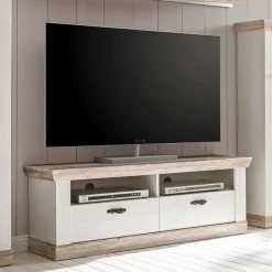 Outlet Wohnen Landhaus TV Element in Weiß & Pinie Shabby Nedita mit 2 Schubladen