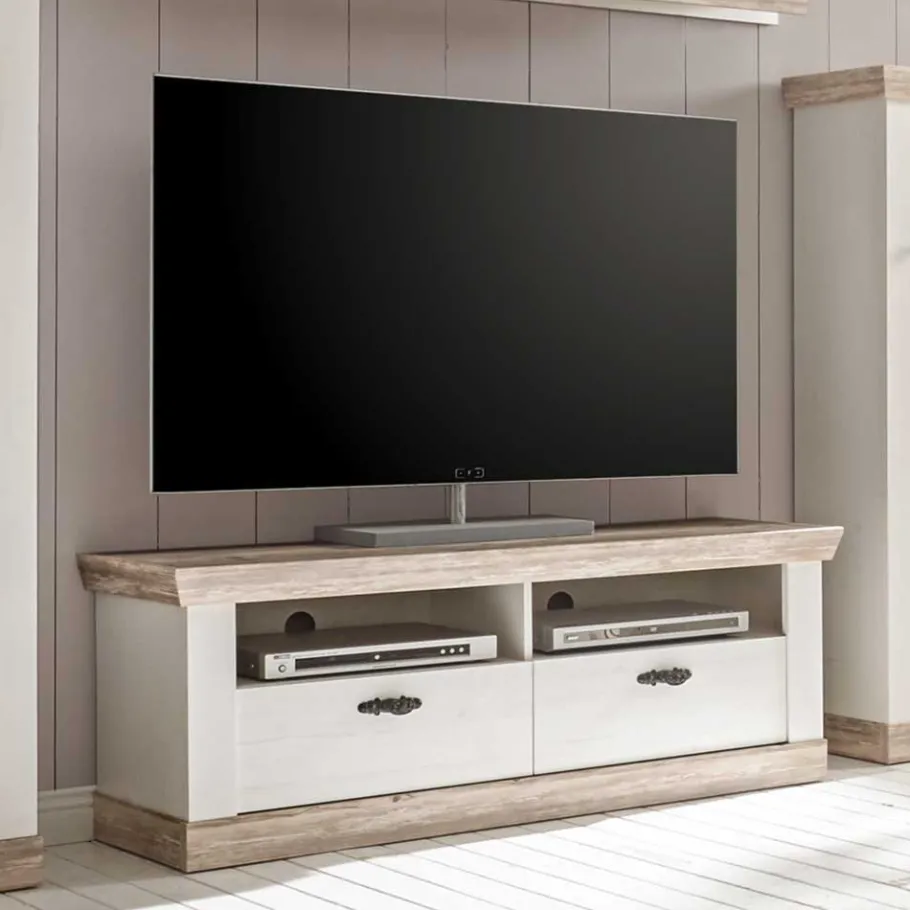 Outlet Wohnen Landhaus TV Element in Weiß & Pinie Shabby Nedita mit 2 Schubladen