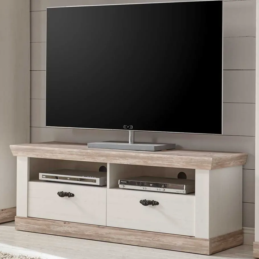 Outlet Wohnen Landhaus TV Element in Weiß & Pinie Shabby Nedita mit 2 Schubladen