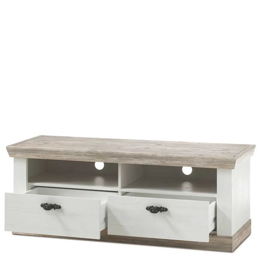 Outlet Wohnen Landhaus TV Element in Weiß & Pinie Shabby Nedita mit 2 Schubladen