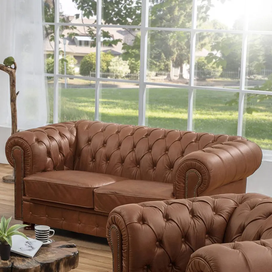 Discount Wohnen Leder Zweisitzer-Sofa im Chesterfield Design - Gonron