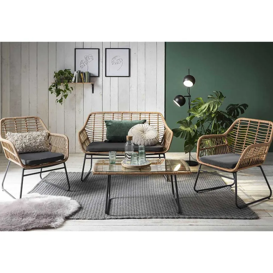 Sale Wohnen Lounge Sitzgruppe aus Geflecht in Beige - Renzo (vierteilig)