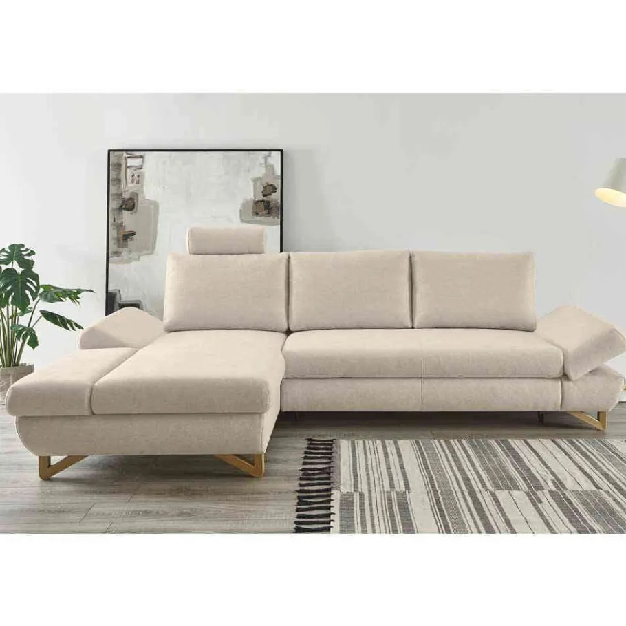 New Wohnen L-Sofa mit Schlaffunktion in Creme & Buche - Baonga