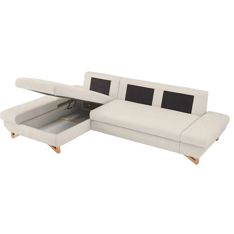 New Wohnen L-Sofa mit Schlaffunktion in Creme & Buche - Baonga