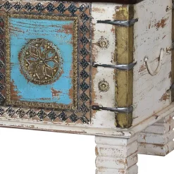 Discount Wohnen Massivholztruhe in Antikweiß mit Blau Bronze Braun - Eskuladra