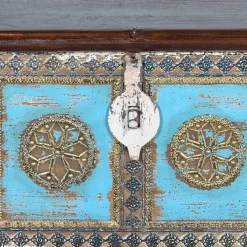 Discount Wohnen Massivholztruhe in Antikweiß mit Blau Bronze Braun - Eskuladra