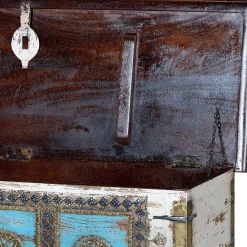Discount Wohnen Massivholztruhe in Antikweiß mit Blau Bronze Braun - Eskuladra