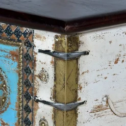 Discount Wohnen Massivholztruhe in Antikweiß mit Blau Bronze Braun - Eskuladra