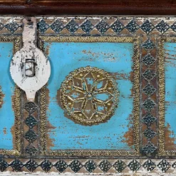 Discount Wohnen Massivholztruhe in Antikweiß mit Blau Bronze Braun - Eskuladra