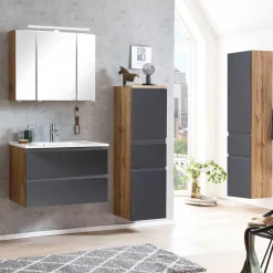 Clearance Wohnen Midischrank fürs Bad in Grau matt & Wildeiche - Jambi