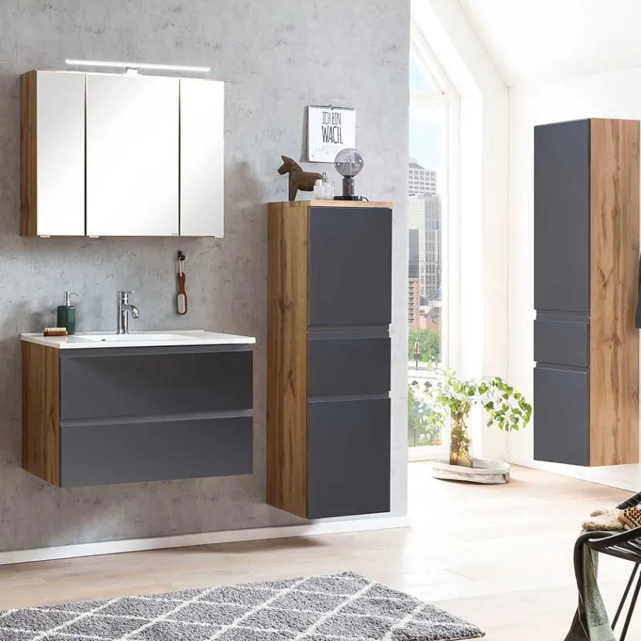 Clearance Wohnen Midischrank fürs Bad in Grau matt & Wildeiche - Jambi