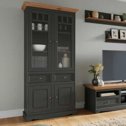 Clearance Wohnen Modern Country Vitrinenschrank in Grau & Kiefer - Eromsia
