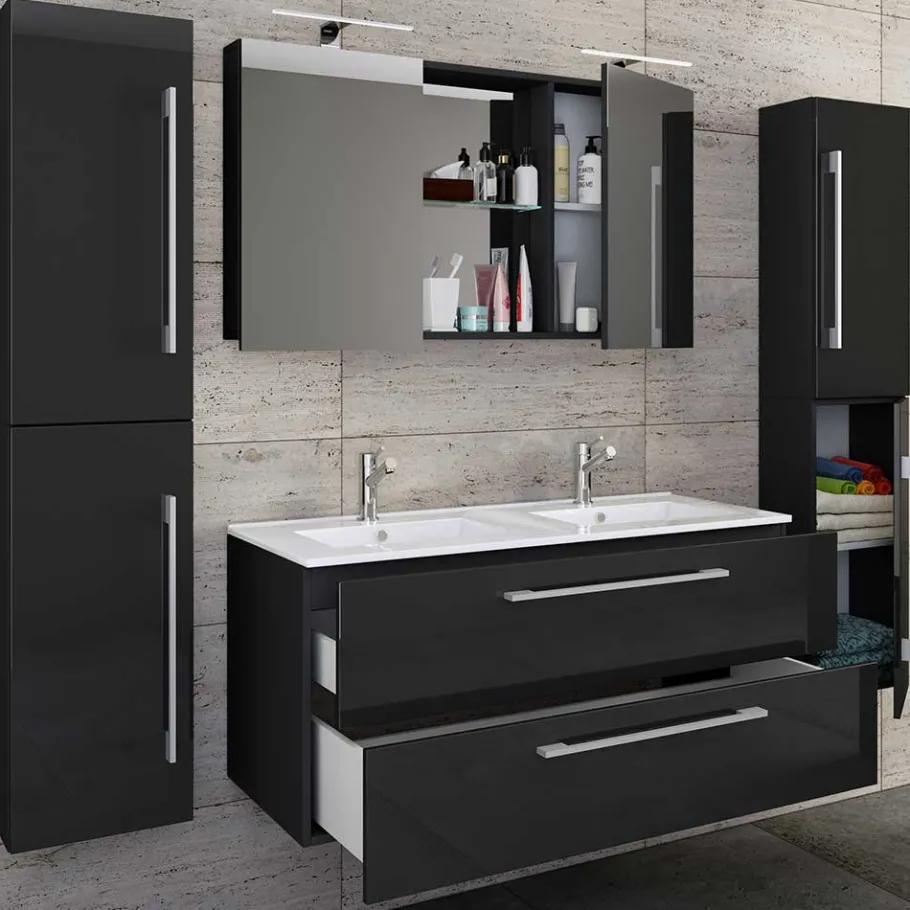 Outlet Wohnen Modernes Badmöbel Ensemble in Schwarz - Vinkoja (vierteilig)
