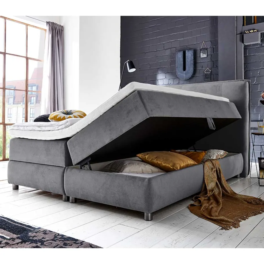 Online Wohnen Modernes Stauraum-Boxspringbett in Anthrazit - Zavagossa