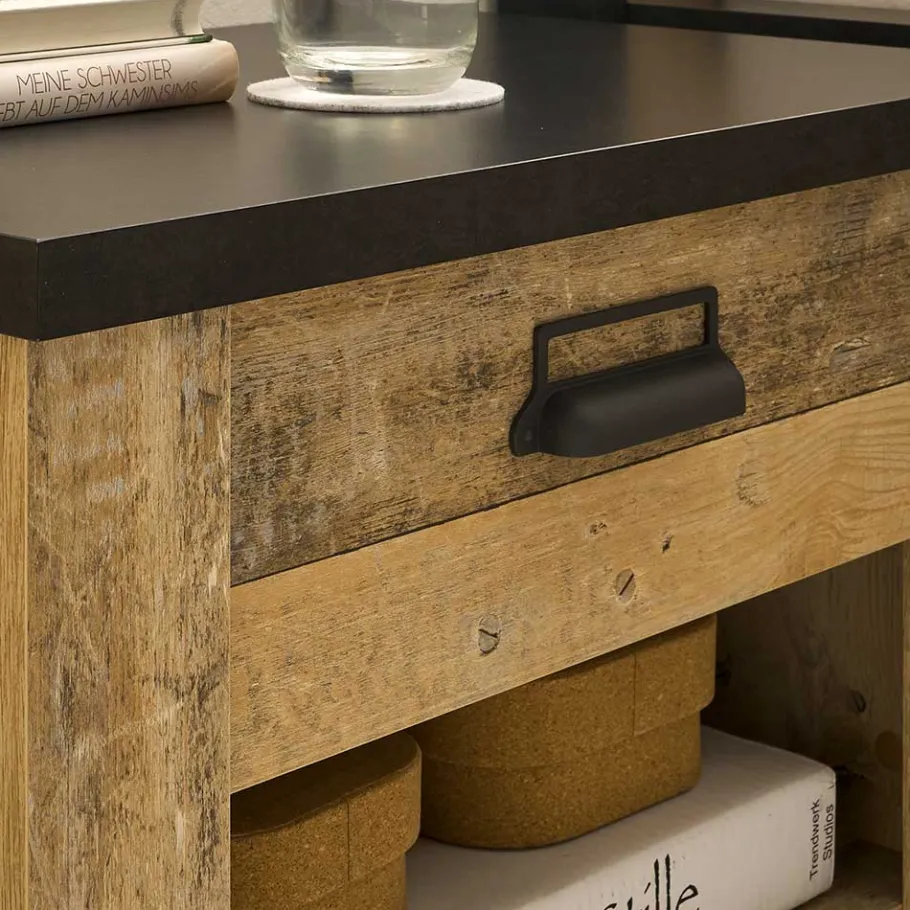 Outlet Wohnen Nachtkonsole im Altholz Look & Anthrazit - Naiavio