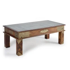 New Wohnen Orient Design Couchtisch aus Massivholz mit Glas - Danascov
