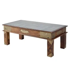 New Wohnen Orient Design Couchtisch aus Massivholz mit Glas - Danascov