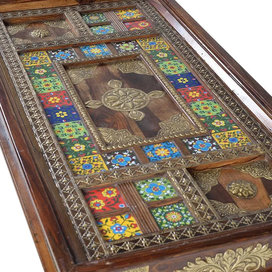 New Wohnen Orient Design Couchtisch aus Massivholz mit Glas - Danascov