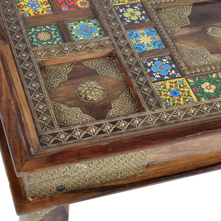 New Wohnen Orient Design Couchtisch aus Massivholz mit Glas - Danascov