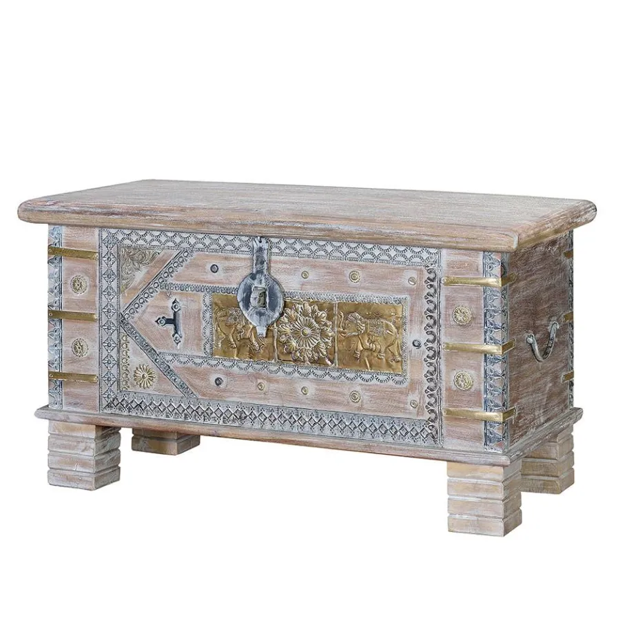 Outlet Wohnen Orient Design Truhe in Antikweiß mit Bronze - Abraham