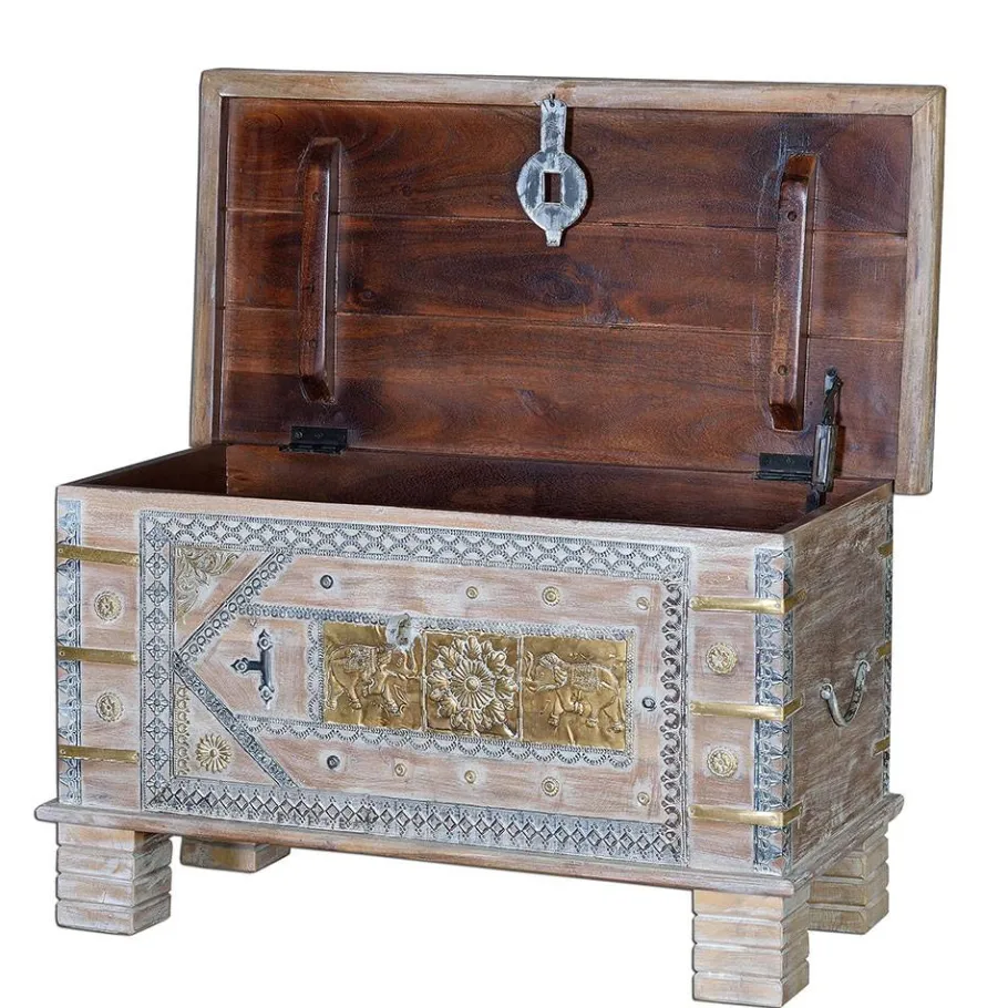 Outlet Wohnen Orient Design Truhe in Antikweiß mit Bronze - Abraham