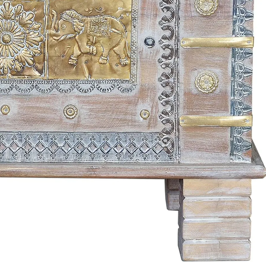 Outlet Wohnen Orient Design Truhe in Antikweiß mit Bronze - Abraham