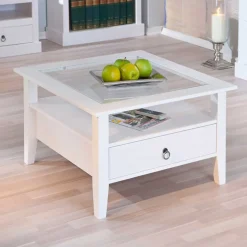 Wohnen Quadrat 75x75 Landhaus Sofatisch mit Glas - Rosanna