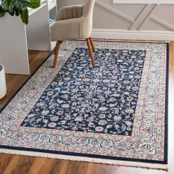 New Wohnen Rechteckiger Orient Teppich in Dunkelblau & Creme - Pandau