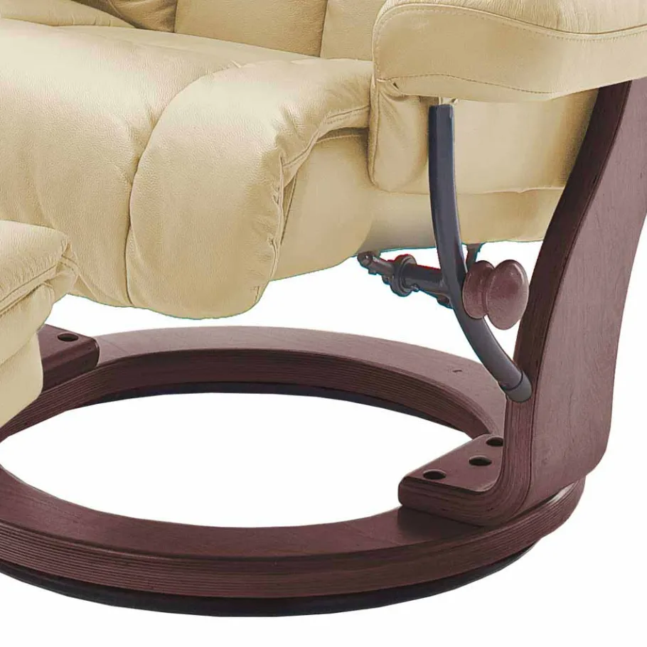 Wohnen Relax Sessel mit Leder in Creme & Gestell Walnuss Hermine inkl. Hocker (zweiteilig)