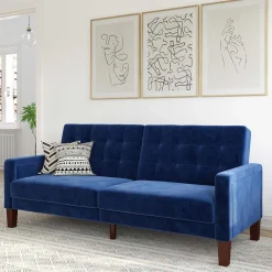 Hot Wohnen Retro Bettsofa in Blau Samt - Silvaria