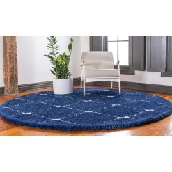New Wohnen Runder Teppich in Dunkelblau & Creme Hochflor - Vimanco