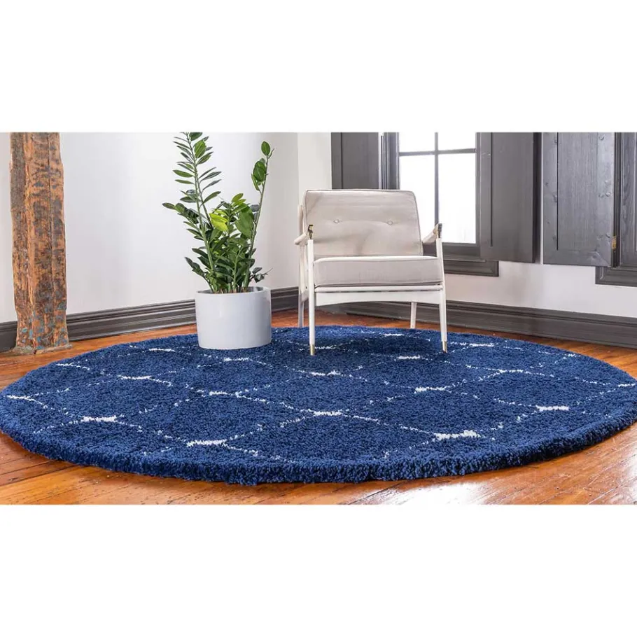 New Wohnen Runder Teppich in Dunkelblau & Creme Hochflor - Vimanco