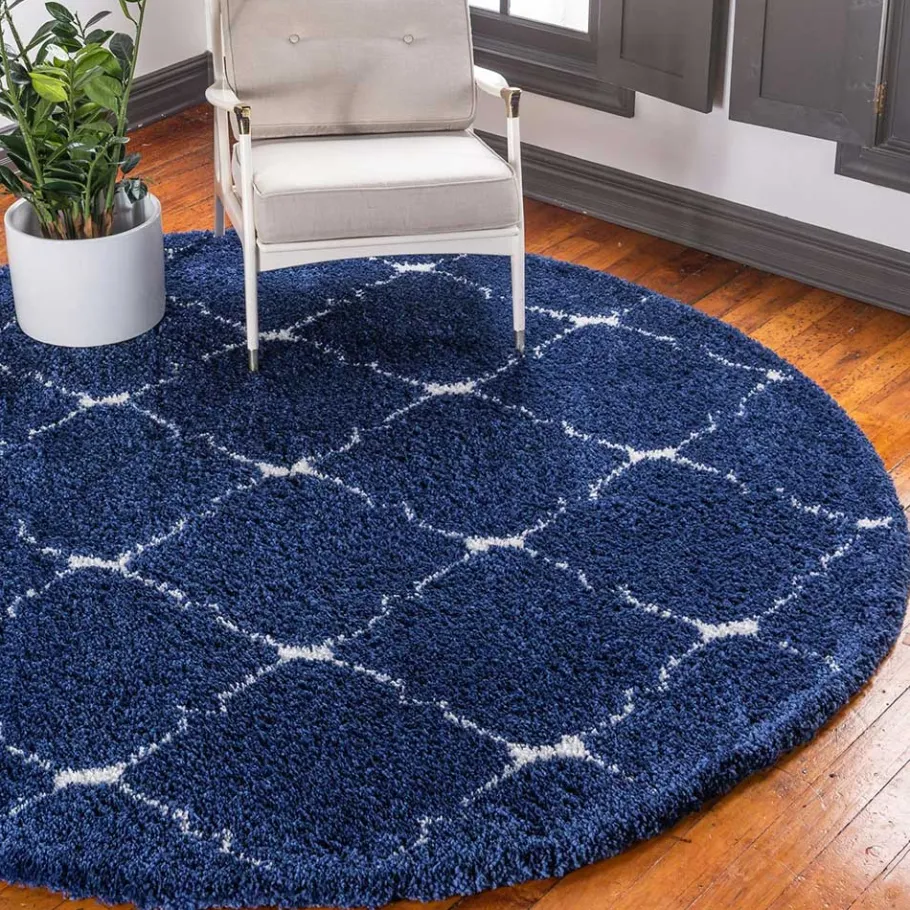 New Wohnen Runder Teppich in Dunkelblau & Creme Hochflor - Vimanco