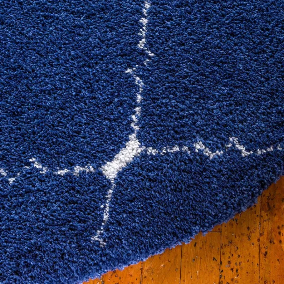 New Wohnen Runder Teppich in Dunkelblau & Creme Hochflor - Vimanco