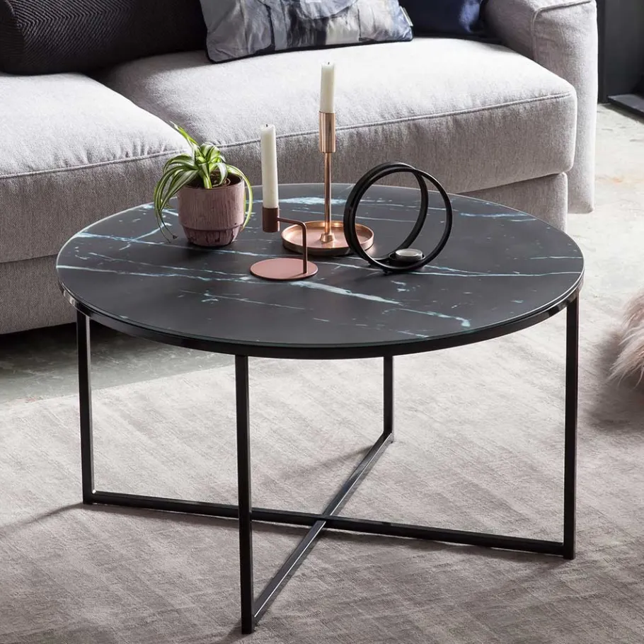 Clearance Wohnen Runder Wohnzimmer Glastisch in Marmor Schwarz - Adiana
