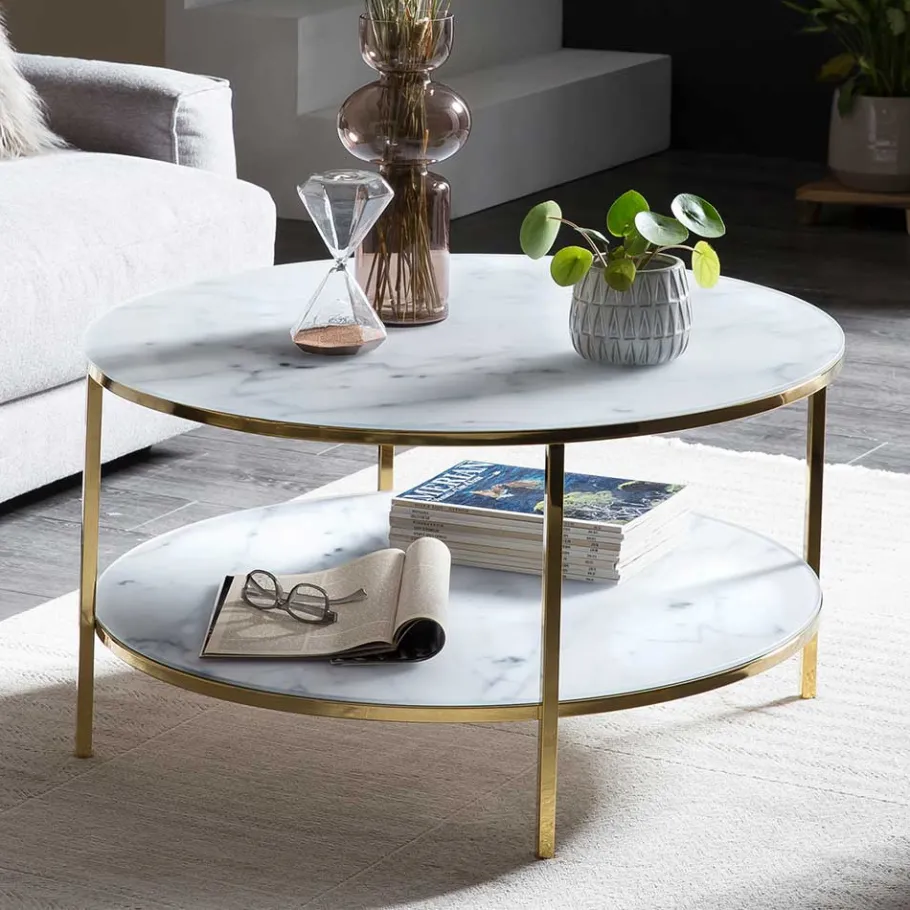 Online Wohnen Runder Wohnzimmertisch in Marmor-Optik & Gold - Western