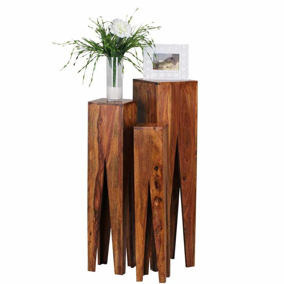 Outlet Wohnen Rustikale Holz Blumensäule Set Pisinon aus Sheesham (dreiteilig)