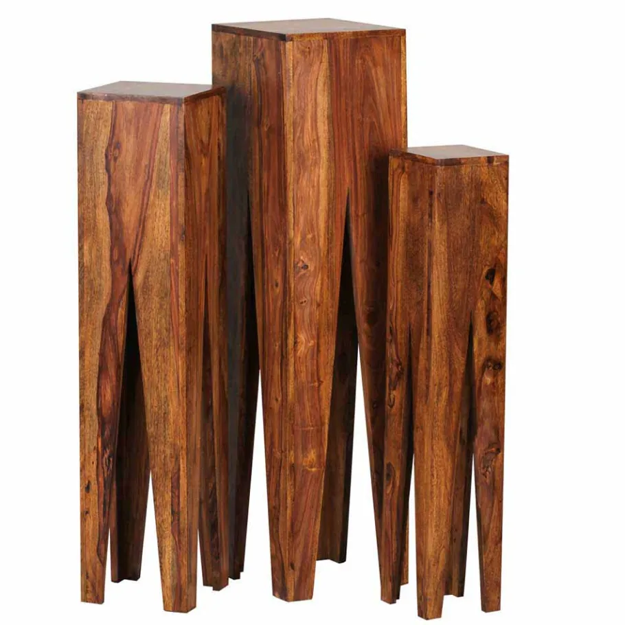 Outlet Wohnen Rustikale Holz Blumensäule Set Pisinon aus Sheesham (dreiteilig)
