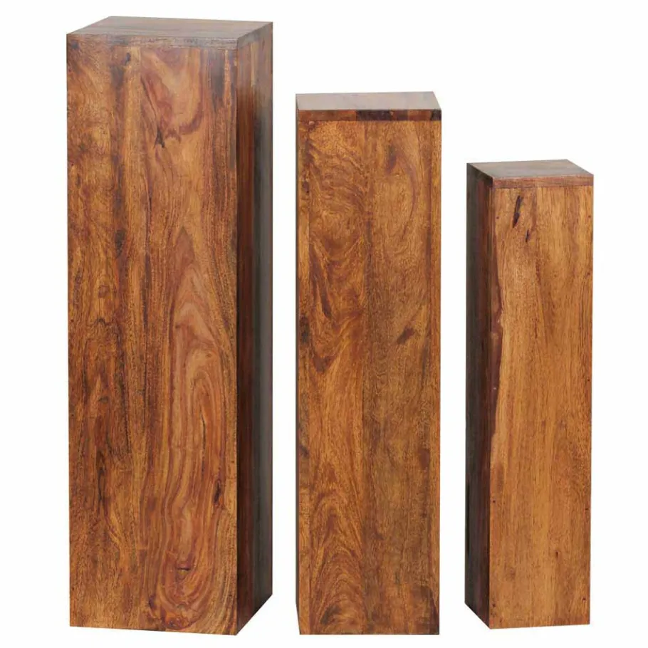 Outlet Wohnen Rustikales Holz Pflanzensäulen Set Hoslo aus Sheesham massiv (dreiteilig)