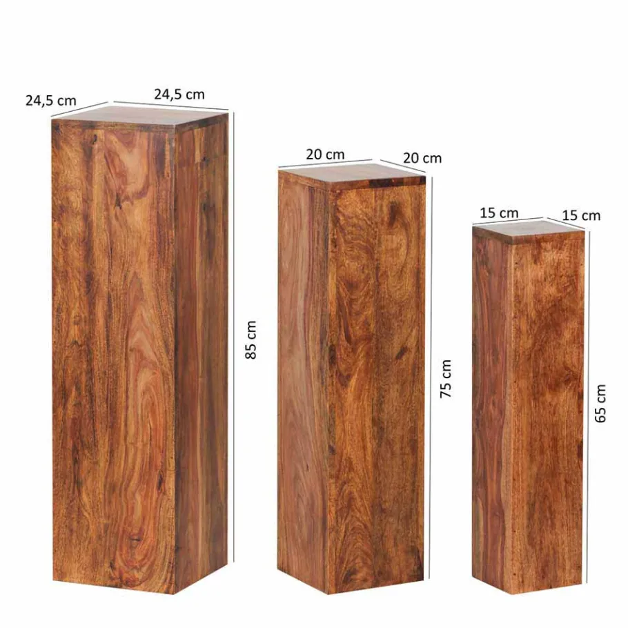 Outlet Wohnen Rustikales Holz Pflanzensäulen Set Hoslo aus Sheesham massiv (dreiteilig)