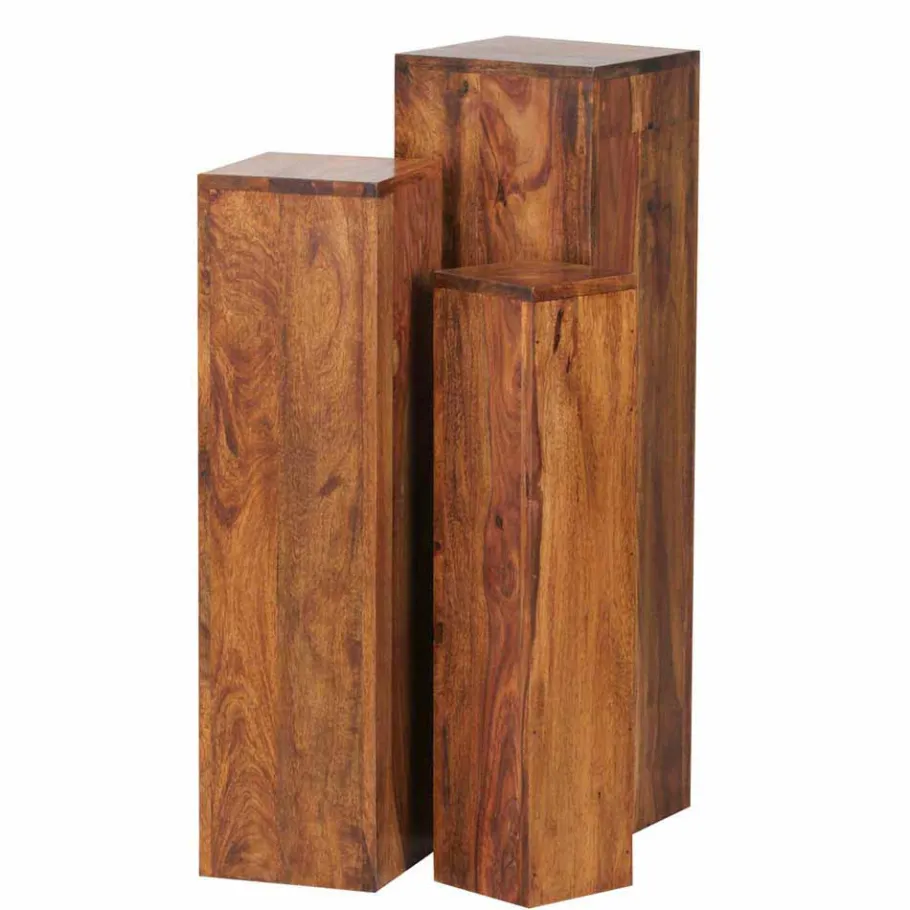 Outlet Wohnen Rustikales Holz Pflanzensäulen Set Hoslo aus Sheesham massiv (dreiteilig)