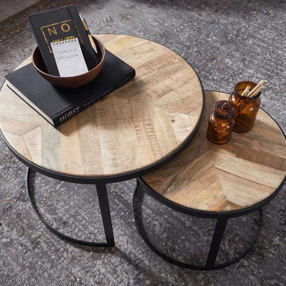 New Wohnen 2-Satz Couchtisch mit Holzplatte Rund - Bernesa (zweiteilig)