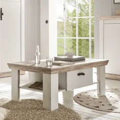 Online Wohnen Scandi Landhaus Sofatisch mit 2 Schubladen Nedita in Weiß & Pinie Shabby