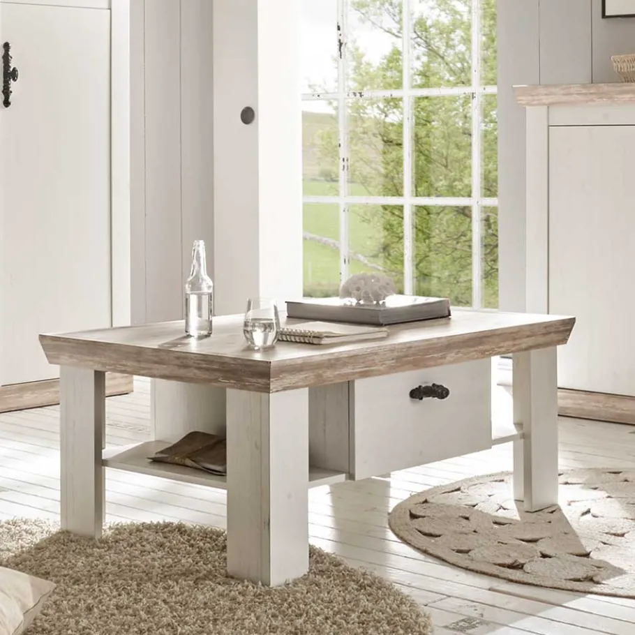 Online Wohnen Scandi Landhaus Sofatisch mit 2 Schubladen Nedita in Weiß & Pinie Shabby