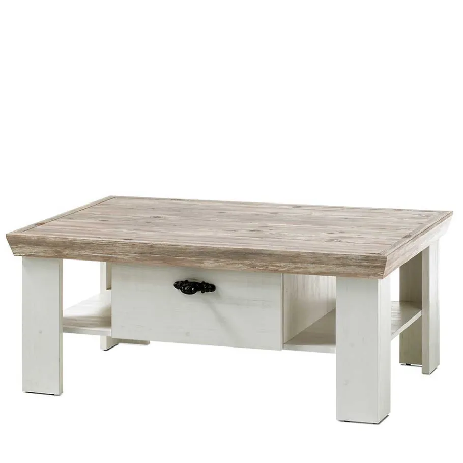 Online Wohnen Scandi Landhaus Sofatisch mit 2 Schubladen Nedita in Weiß & Pinie Shabby