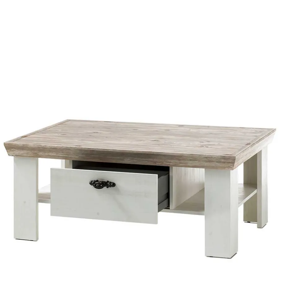 Online Wohnen Scandi Landhaus Sofatisch mit 2 Schubladen Nedita in Weiß & Pinie Shabby