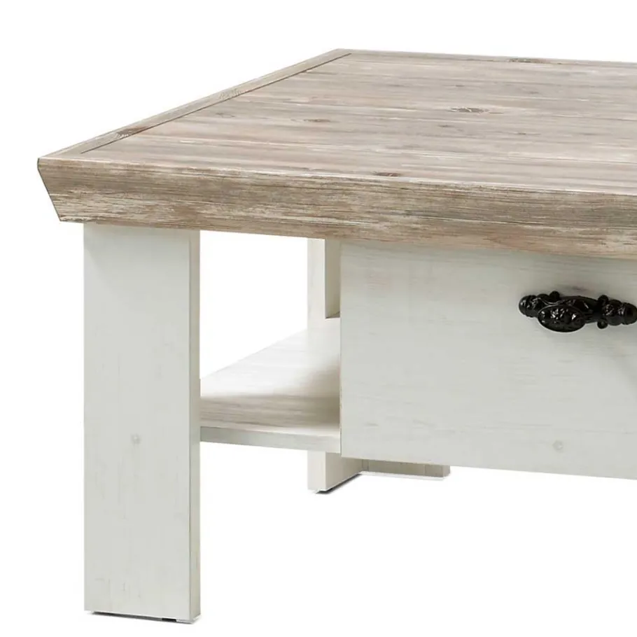 Online Wohnen Scandi Landhaus Sofatisch mit 2 Schubladen Nedita in Weiß & Pinie Shabby