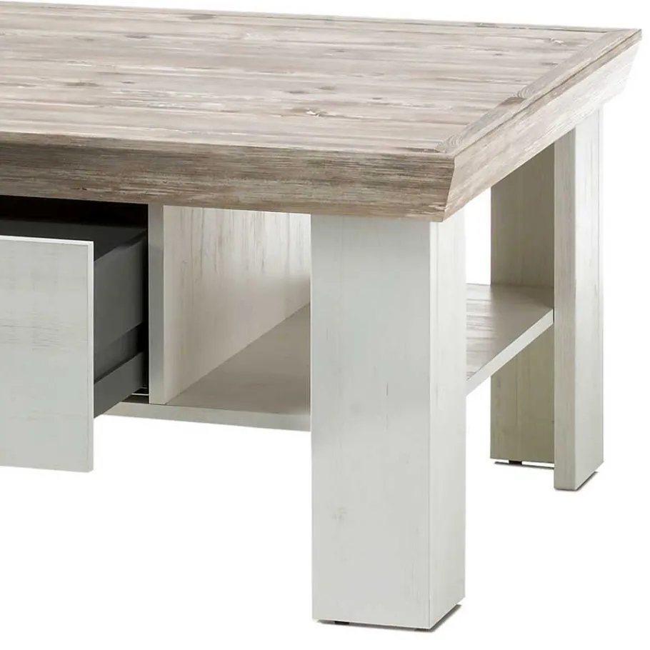 Online Wohnen Scandi Landhaus Sofatisch mit 2 Schubladen Nedita in Weiß & Pinie Shabby